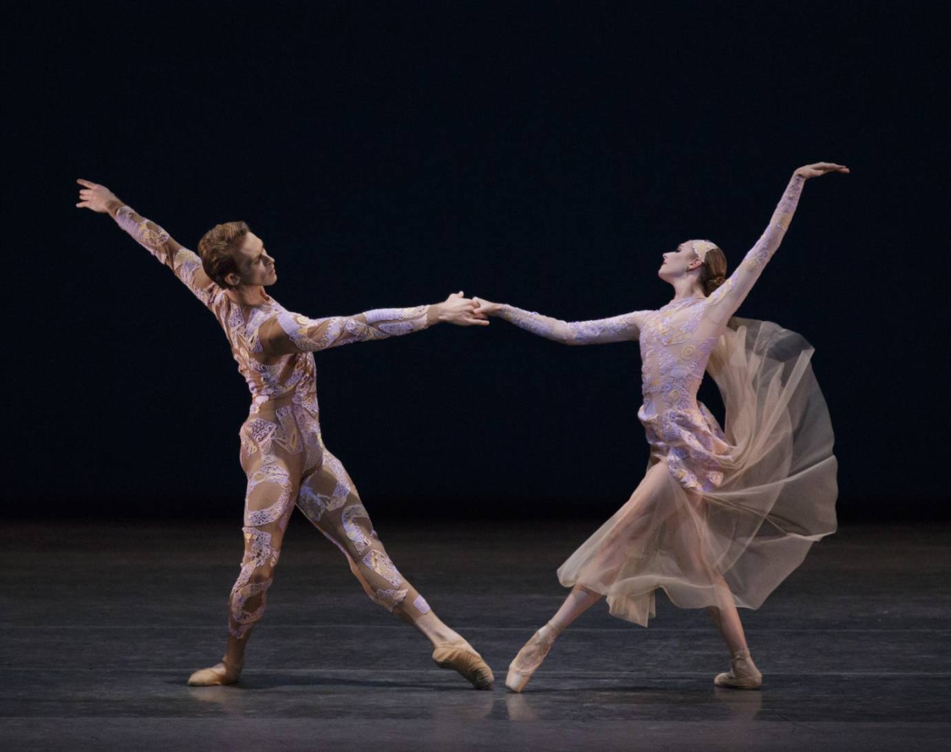 Adrian Danchig-Waring and Ashley Laracey in Justin Peck's Belles-Lettres, in costumes by Mary Katrantzou. Photo credit Paul Kolnik